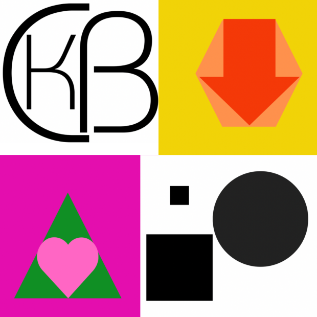 A square collage of images. Clockwise from top left: 1- The letters "CKB" with the K nested inside the C and the stem of the B slightly inside the opening of the C. 2- A red downward pointing arrow in an orange hexagon on a yellow background. 3- A small black square, large black square, and large black circle not overlapping on a white background. 4- A pink heart in a green triangle on a pink background.